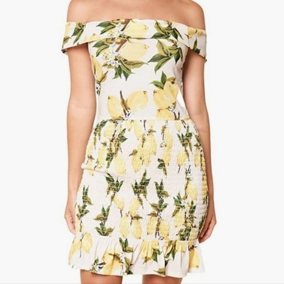 Sugar Lips Lemon Print Smocked Off the Shoulder Mini Dress S - Picture 9 of 9